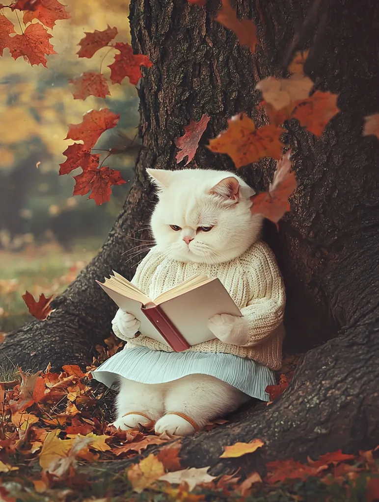 A white cat, wearing a cream sweater and a blue skirt, sits beneath a large tree with fallen autumn leaves at its feet. The cat is reading a book and looks intently at the pages. The scene captures a moment of quiet reading amidst the beauty of the changing season. The cat's serene expression adds to the peaceful atmosphere.