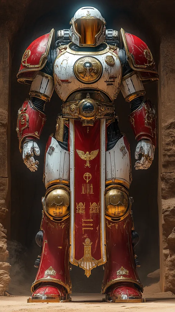 The image portrays a towering, armored figure, likely a robot or a warrior. It's adorned in red and gold armor, with intricate details and a regal bearing. Its helmet conceals the face, adding an air of mystery and power. The figure stands against a backdrop of sandy ground and stone, suggesting a historical or futuristic setting. The overall impression is one of grandeur and strength.