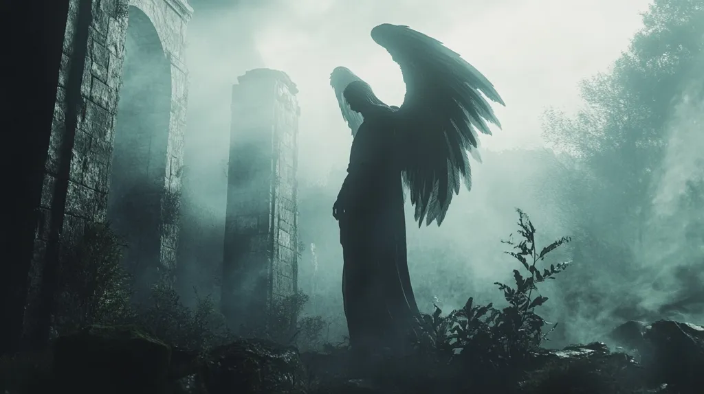 A solitary figure with large, feathery wings stands in front of crumbling stone ruins. The scene is shrouded in thick mist, creating an ethereal and mysterious atmosphere. The angel's silhouette is stark against the pale background, suggesting both power and sorrow. The overgrown foliage and decaying structures add to the sense of time and decay.