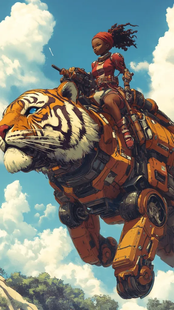 A young woman with a red bandana rides a mechanical tiger with large, round wheels. The tiger is flying through a bright blue sky with fluffy white clouds. The woman is wearing a red shirt and holding a gun in her right hand. The scene has a futuristic feel, with a focus on the detailed mechanics of the tiger. The woman has a confident and determined expression, while the tiger has a fierce and powerful demeanor.  The image evokes a sense of adventure and danger.