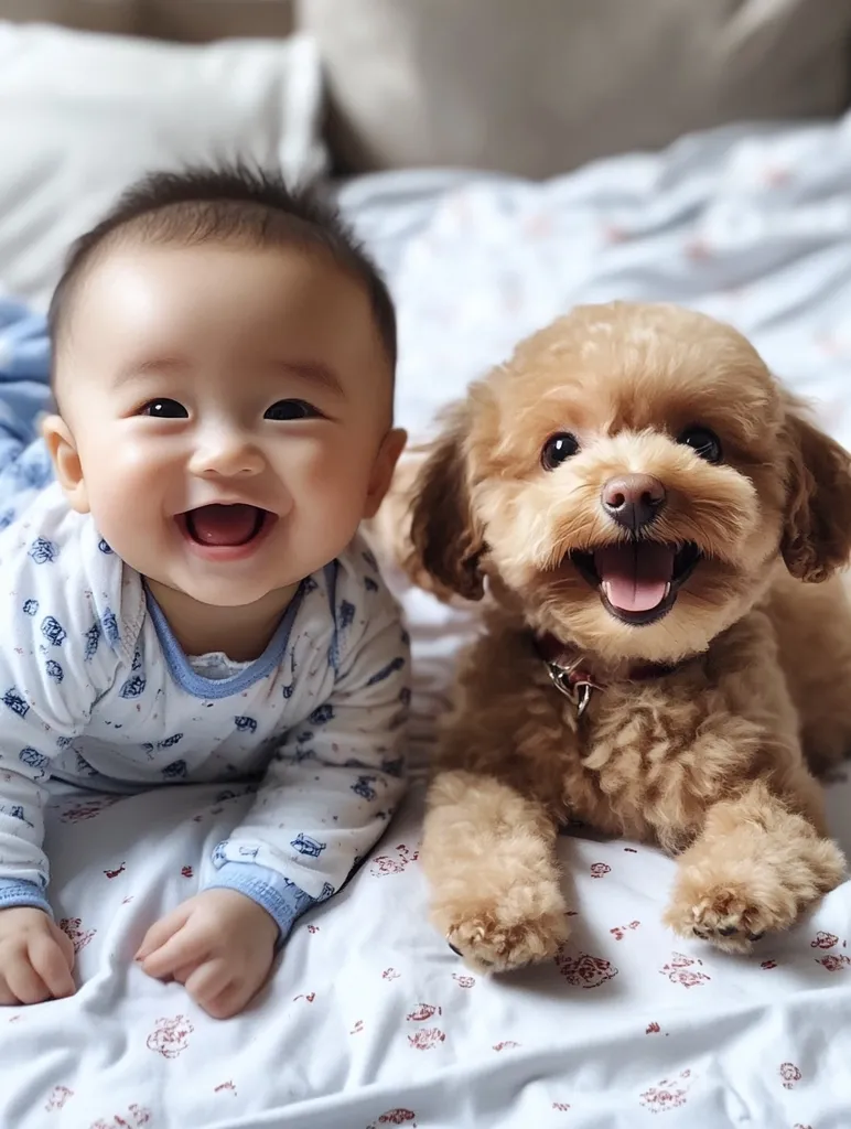 A baby boy in a blue and white patterned onesie lies on a white bed with a small brown poodle dog. Both are smiling at the camera. The baby is looking at the camera, while the dog is looking towards the right. The bed has a small floral pattern. The baby has short dark hair and is wearing a light blue onesie. The dog has a brown collar with a metal tag. They are both lying on their bellies, with the baby's arms outstretched. The image captures a moment of pure joy and innocence between a baby and a dog.