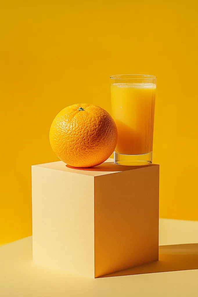 A whole orange rests on a pale yellow cube, next to a glass of orange juice. The background is a bright yellow, creating a vibrant and sunny scene. The image captures the essence of freshness and summer.