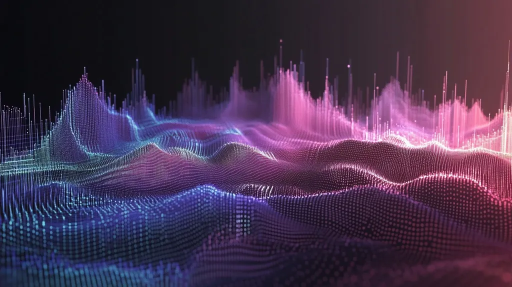 The image depicts a digital landscape composed of countless glowing particles, creating a mesmerizing, abstract pattern.  The particles form a series of undulating hills, with the tallest peaks rising toward the top of the image.  The color scheme is a combination of blue and pink, creating a vibrant and dynamic visual.  The overall effect is both futuristic and ethereal, suggesting a vast and unknown digital world.
