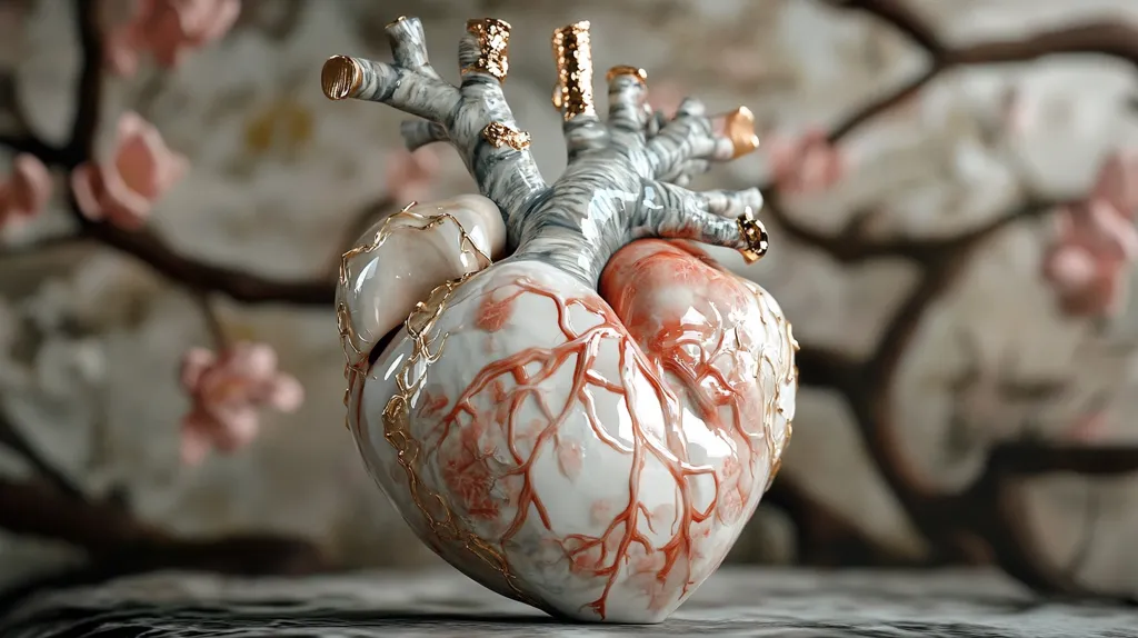 A delicate porcelain heart, crafted to resemble a human heart, is adorned with intricate details.  The heart features a network of veins and arteries, delicately painted in a pale peach hue.  The heart's chambers are accented with gold, adding a touch of opulence to the piece. The backdrop features a blurred image of a tree branch with delicate pink blossoms, creating a soft and romantic aesthetic.