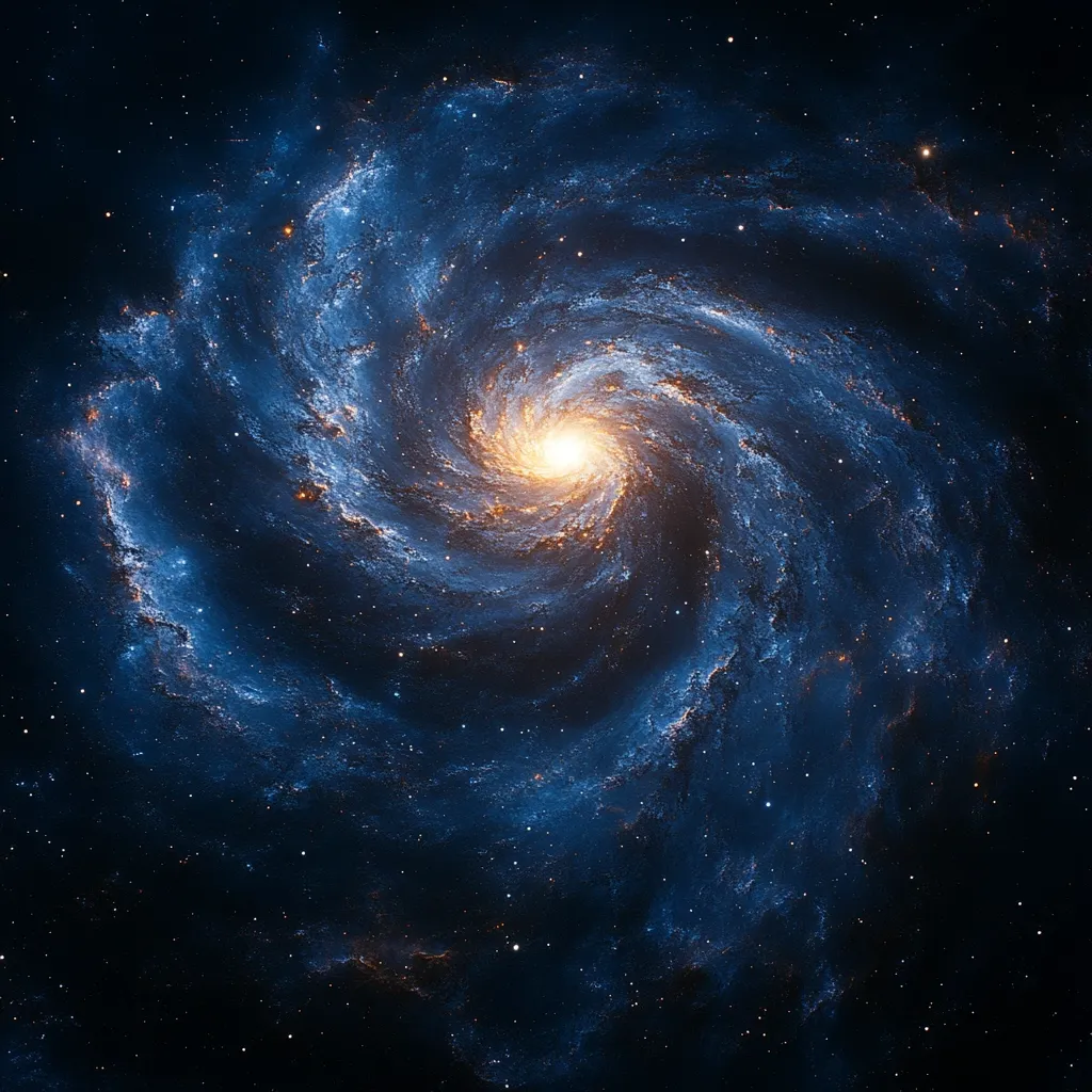 The image shows a spiral galaxy with a bright, yellow core. The galaxy is surrounded by a dark blue space, dotted with countless stars. The arms of the galaxy are filled with swirling dust and gas, and there are bright spots of light indicating star formation.  The image evokes a sense of vastness and wonder, reminding us of the immensity of the universe.