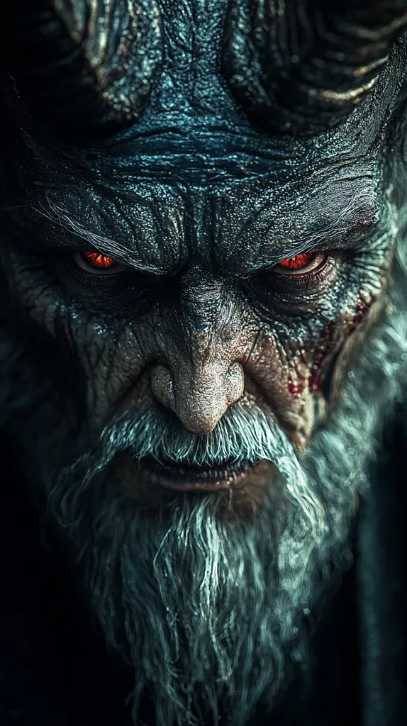 A close-up shot of a monstrous creature with horns and a long, white beard. Its eyes glow red, and its face is wrinkled and covered in scars, revealing a sinister grin. The creature appears to be from a fantasy or horror setting, with its features evoking feelings of darkness and evil. The background is dark, highlighting the creature's menacing appearance.