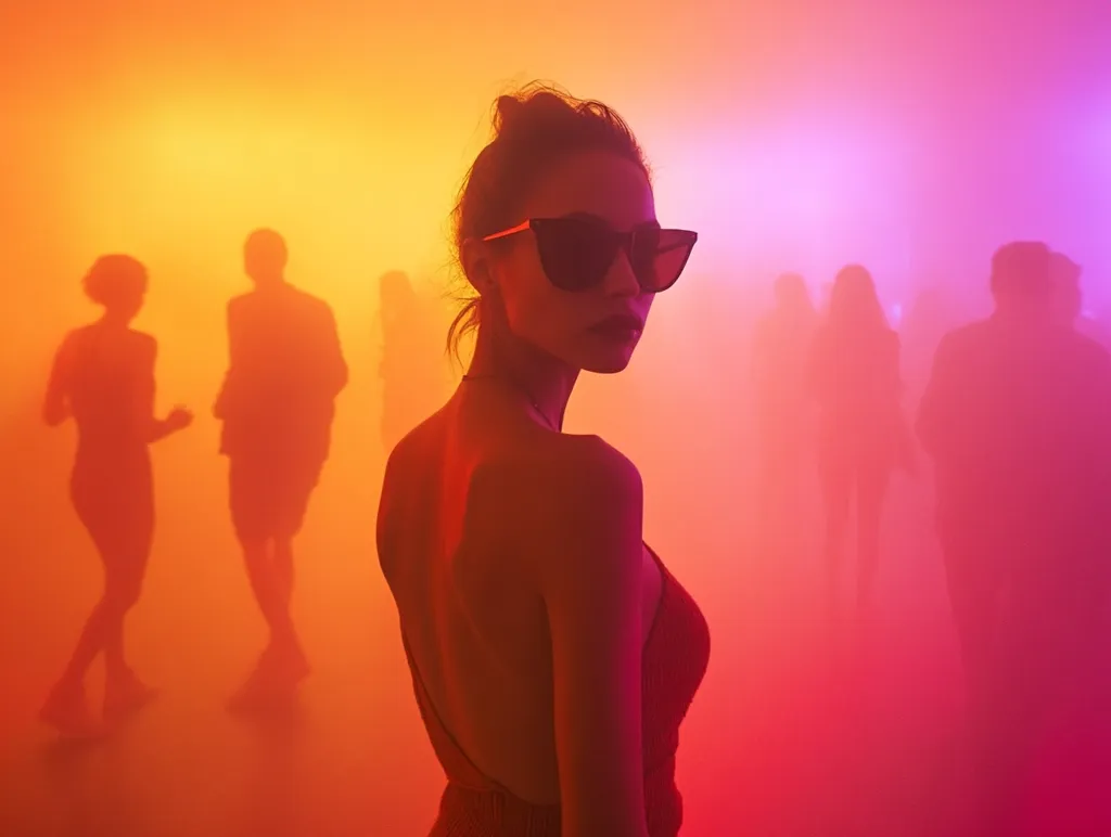 A woman with dark sunglasses stands in the foreground of a dimly lit party. The woman is looking towards the right of the image, and there are a few other figures in the background, all silhouetted against the warm, colorful light. The room is filled with a haze of smoke or fog.