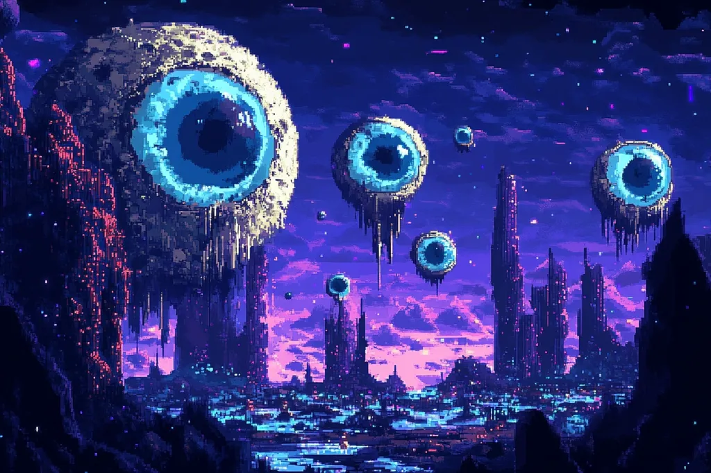 The image depicts a surreal, pixelated landscape. Giant, floating eyeballs, seemingly made of stone, hover over a futuristic city. The sky is a deep purple, dotted with twinkling stars and a faint pink glow. The city's tall, narrow buildings reach towards the giant eyes, creating a sense of both wonder and unease. The overall aesthetic is both alien and familiar, hinting at a mysterious and potentially dangerous world.