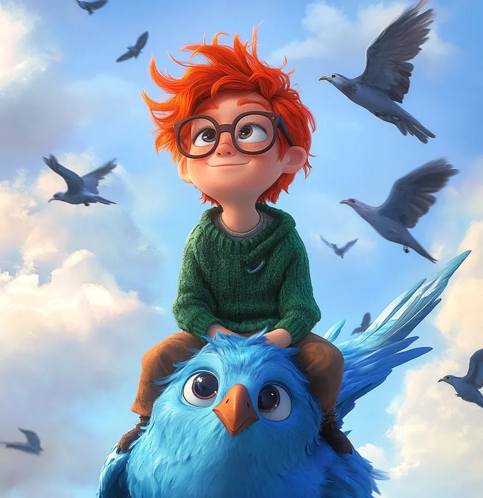 A young boy with bright red hair and glasses sits on a large blue bird.  He is wearing a green sweater and brown pants. The boy is smiling and looking up at the sky, where a flock of birds are flying. The sky is a bright blue with fluffy white clouds. The boy and the bird appear to be enjoying a joyful flight together.  The scene is whimsical and full of childlike wonder.