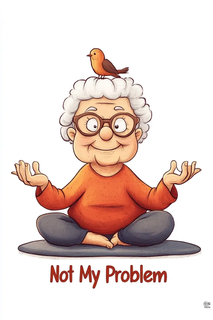 An illustration of an elderly woman with grey hair and glasses sitting in a yoga pose, with a small orange bird perched on her head. She has a serene expression on her face and her hands are in a mudra. Below her is the text "Not My Problem." The illustration portrays a sense of calmness and detachment.  The image is humorous and suggests the woman is unconcerned with the outside world.