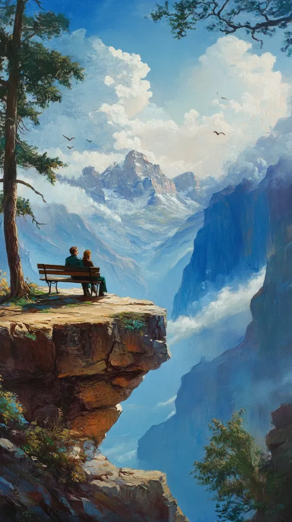 The image is a painting of a couple sitting on a bench overlooking a vast, mountainous landscape. The couple is positioned on a rocky cliff edge, with a lush green tree growing from the rock face behind them. The mountains in the distance are shrouded in clouds, creating a sense of depth and grandeur. The sky is a brilliant blue with fluffy white clouds scattered across it. The painting captures a serene and breathtaking view, conveying a feeling of peace and tranquility.