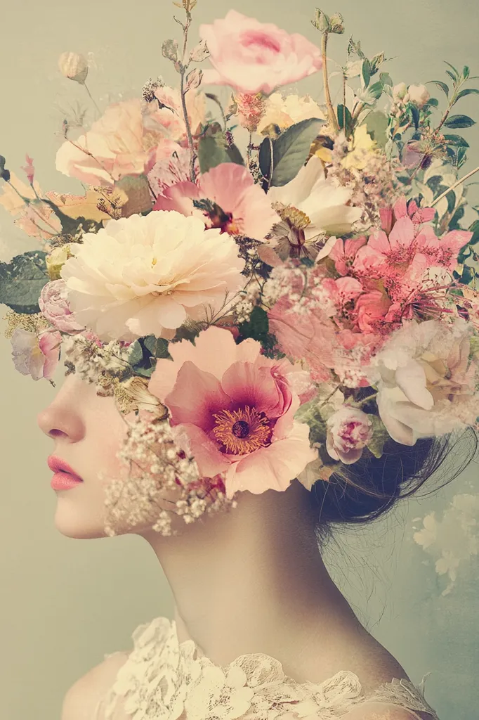 A woman's face is partially obscured by a crown of delicate pink and white flowers. The image is soft-focus and dreamlike, with a vintage aesthetic. The flowers are arranged in a chaotic, yet beautiful way, creating a sense of whimsy and romanticism. The woman's skin is pale and smooth, with a gentle expression. Her hair is dark and slightly tousled. The background is a soft, muted green. The image is evocative of a sense of ethereal beauty and feminine grace.