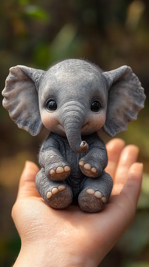 A small, gray elephant figurine with big, expressive eyes sits in the palm of a hand. It has a short trunk and large ears, and its tiny feet are curled up underneath it. The figurine is beautifully detailed, giving it a realistic appearance. The background is blurred, focusing attention on the adorable elephant. The scene is reminiscent of a gentle and loving interaction.