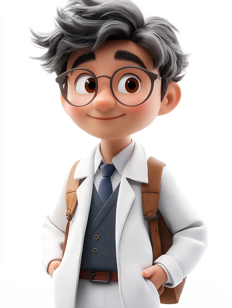 The image is a cartoon illustration of a young boy. He is wearing a white coat, a blue vest, a dark blue tie, and a pair of brown-rimmed glasses. He is also carrying a brown backpack on his back. The boy is looking up and smiling, as if he is thinking about something. He appears to be a student. The background is white. The image is rendered in 3D.