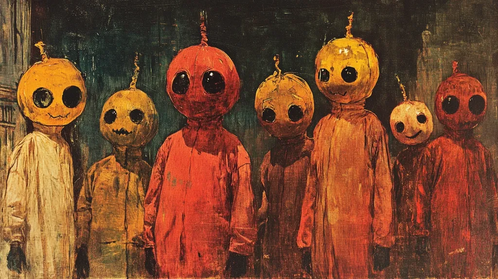 A group of six figures stand in a line, their faces obscured by masks. The masks are all rounded and resemble pumpkins, with large eyes and simple smiles. The figures are dressed in muted tones of orange and red, creating a somber and slightly unsettling atmosphere. The background is a dark and indistinct, suggesting a mysterious or even sinister setting. The overall impression is one of eerie anonymity and lurking menace.