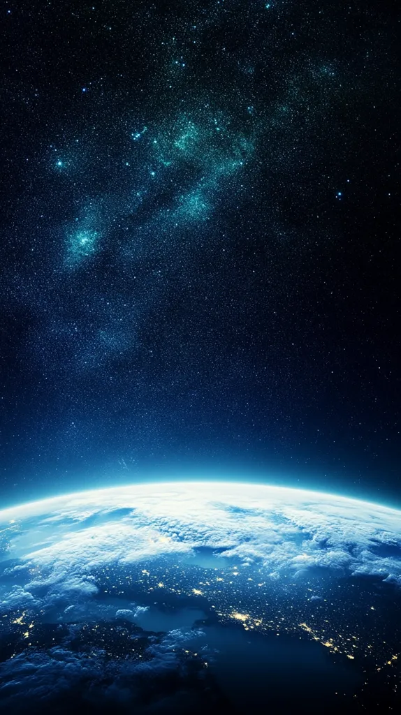 The image shows a breathtaking view of Earth from space. The planet's blue oceans and white clouds are visible against a backdrop of twinkling stars.  The vastness of the universe and the beauty of our home planet are on full display.  The image evokes feelings of wonder and awe, inspiring a sense of perspective and appreciation for our place in the cosmos.
