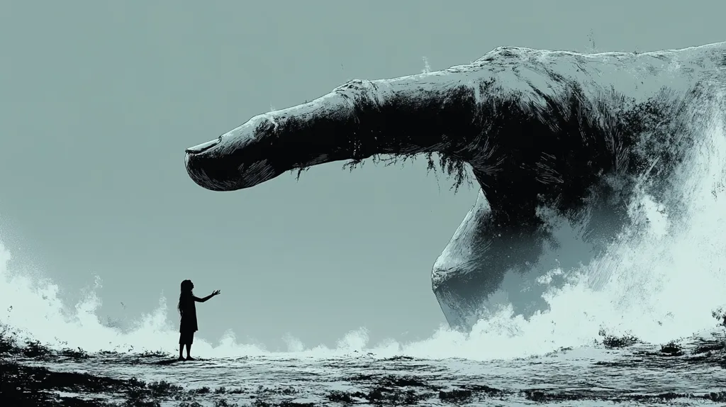 A young girl stands on a rocky shore, arms outstretched toward a massive, fleshy finger emerging from a misty, turbulent sea. The finger is immense, dwarfing the girl and the landscape, and seems to be reaching down towards her. The scene is evocative of a surreal and possibly threatening encounter between humanity and something far larger and more powerful.  The image creates a sense of awe and vulnerability, leaving the viewer to ponder the implications of this encounter.