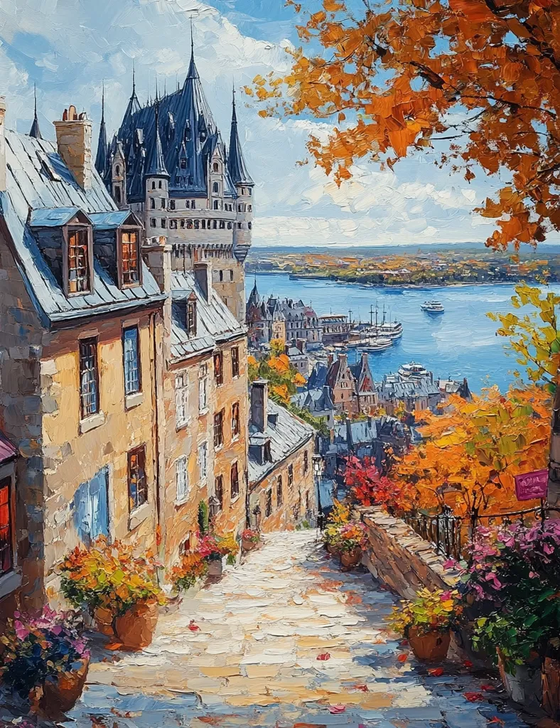 A picturesque cobblestone street winds its way up towards a grand castle, its towers reaching towards the sky. The scene is bathed in warm sunlight, with the vibrant colors of autumn leaves adding to the beauty of the setting. The distant river, dotted with boats, adds a sense of peace and tranquility. The painting captures the charm and beauty of a European town, with its historic architecture and quaint streets.