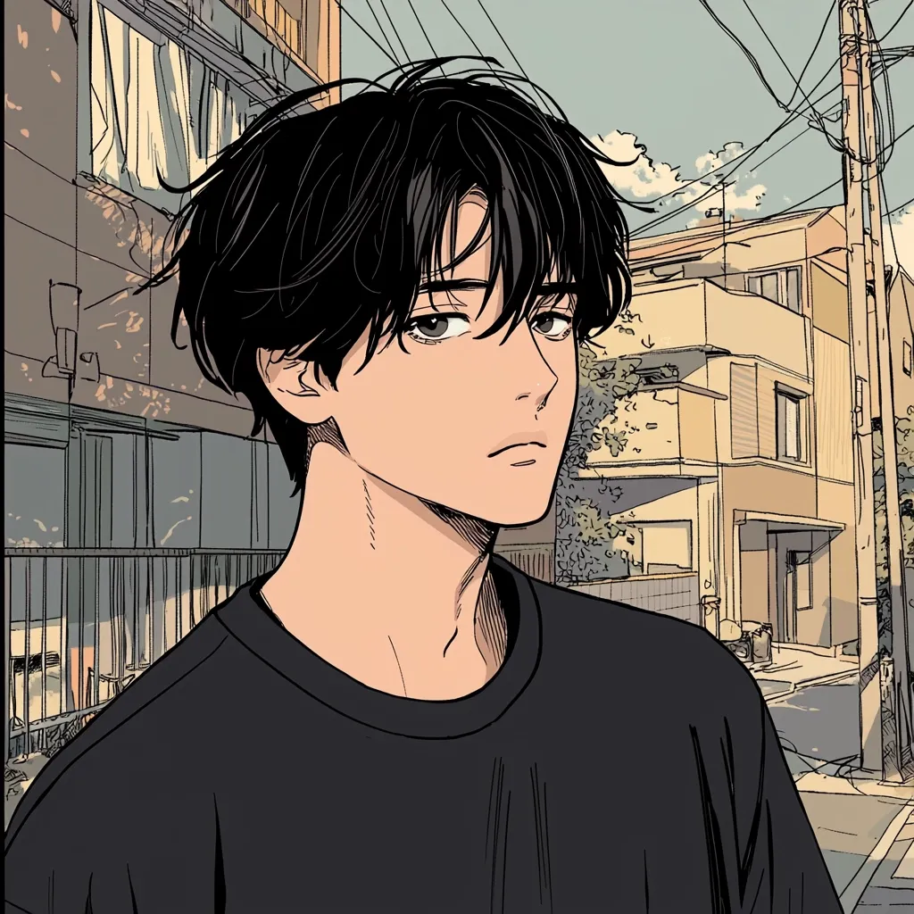 The image depicts a young man with black hair and a serious expression. He is wearing a black t-shirt and is standing in front of a building. The background is a street scene with houses and power lines. The image has a minimalist style and is drawn in a manga/anime aesthetic.  The overall mood is calm and contemplative.
