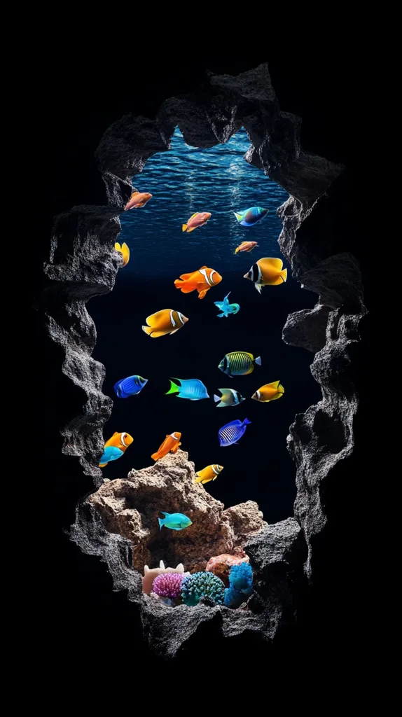 The image shows a dark cave with a small opening that reveals a vibrant underwater scene.  Through the opening, we see a coral reef teeming with colorful fish, including yellow, orange, blue, and red. The fish swim gracefully amongst the rocks and corals, creating a mesmerizing underwater world. The contrast between the dark cave and the bright underwater world creates a striking visual impact.