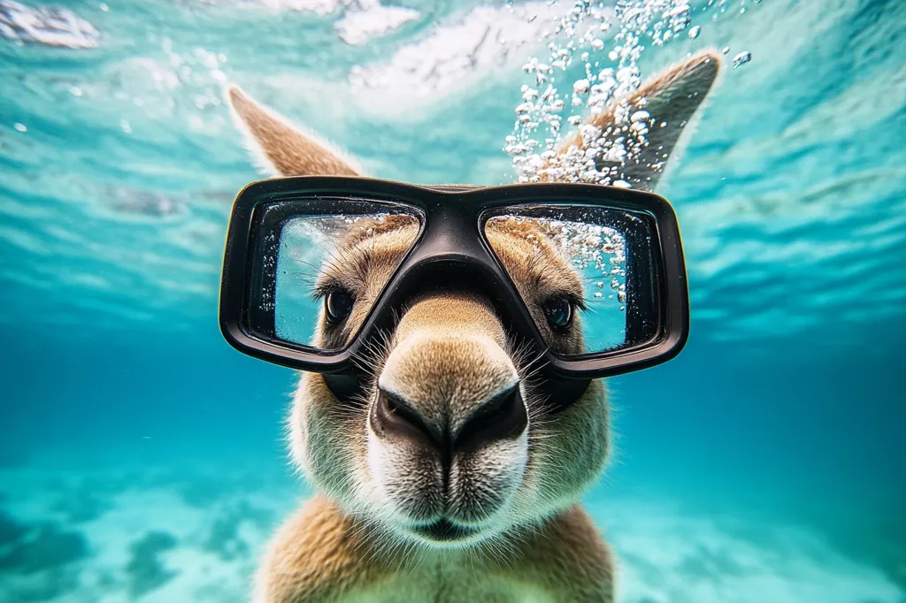 A kangaroo wearing black diving goggles is underwater, looking directly at the camera. The water is a clear turquoise blue, with bubbles rising around the kangaroo. The kangaroo's face is visible through the goggles, with its large brown eyes and a curious expression.  The image is a humorous and unexpected view of a kangaroo enjoying the water.