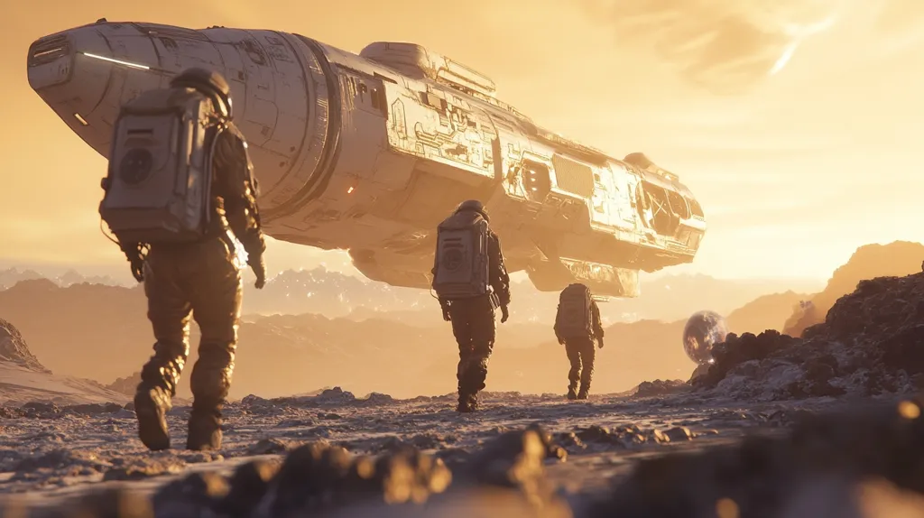 Three astronauts walk across a desolate, rocky landscape under a golden sky. A large spacecraft hovers above, casting a long shadow. The scene is reminiscent of a science fiction film, with an air of mystery and exploration. The astronauts' mission is unknown, but their determination is clear. The image suggests a journey into the unknown, with the potential for both danger and discovery.