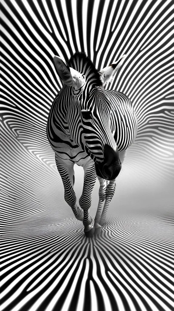 A black and white image of a zebra running through a field of abstract zebra stripes. The zebra's stripes blend seamlessly with the background, creating a mesmerizing optical illusion. The image is shot from a low angle, capturing the zebra's movement and the dynamic nature of the stripes. The use of black and white enhances the contrast and emphasizes the pattern.  The image is visually striking and creates a sense of motion and depth.  The zebra appears to be moving towards the viewer, making the image more engaging.