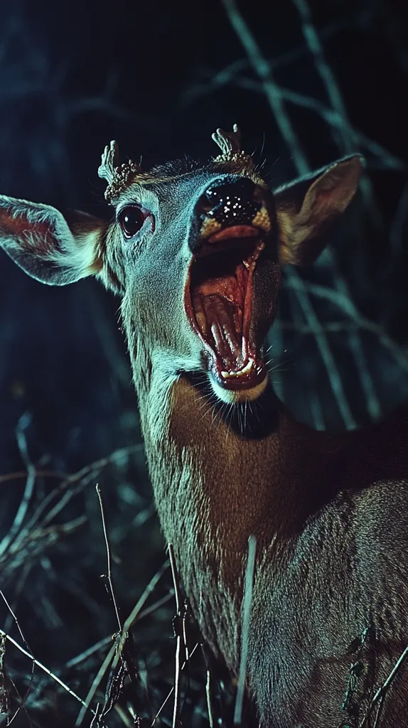 A deer with large antlers stands in a dark forest, its mouth wide open in a silent scream. Its eyes are wide with fear, and its fur is matted and damp. The branches of trees surround it, creating a sense of entrapment. The image is dark and eerie, creating a sense of unease.