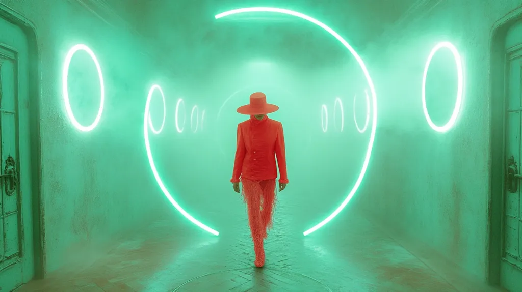 A person in a bright red suit and hat walks through a room illuminated with green neon lights. The lights form circular shapes on the walls, creating a surreal and otherworldly atmosphere. The person's figure is starkly contrasted against the green backdrop, adding to the dramatic and mysterious feel of the scene.