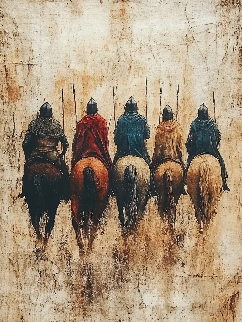 A painting of six mounted knights, all in different colored armor, riding away from the viewer on a dusty road. Their helmets are black and their armor is colorful. Their horses are brown and their tails are long. The painting is done in a painterly style, with loose brushstrokes and a sense of movement. It is a beautiful and evocative piece of art that captures the spirit of medieval warfare.