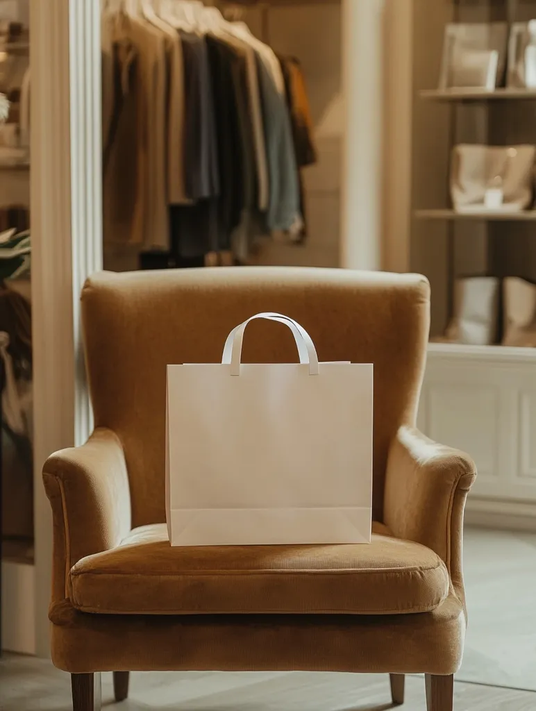A white paper shopping bag sits on a brown velvet armchair in a retail store. The bag is empty and the armchair is positioned in front of a wall with a rack of clothing hanging behind it. The background is blurred, suggesting a retail environment. The overall tone is calm and minimalist, with a focus on the simplicity of the bag and the armchair.