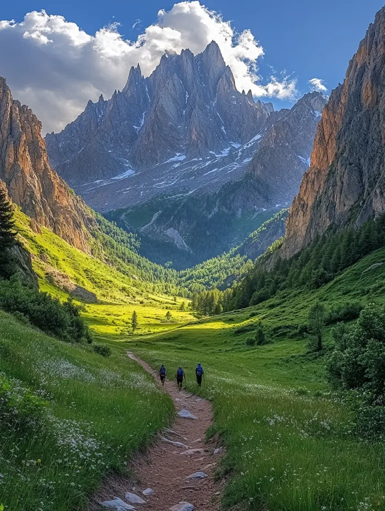 Three hikers walk along a winding path through a lush green valley, framed by towering, snow-capped mountain peaks. The valley is bathed in sunlight, creating a sense of peace and tranquility. The blue sky above is dotted with fluffy white clouds, adding to the picturesque scene.  The image captures the beauty and serenity of the natural world.