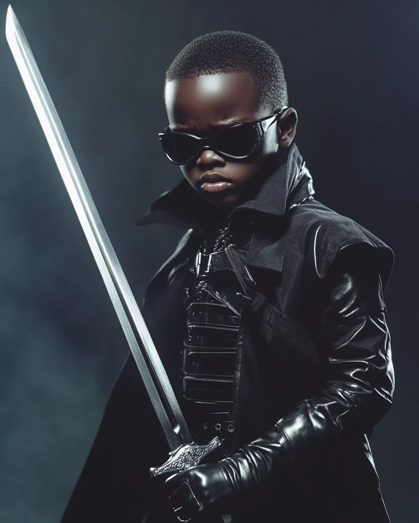 A young boy in a black leather coat and sunglasses holds a silver sword in his right hand. He stands against a dark background with smoke behind him. His serious expression and the weapon he holds suggest a sense of power and determination.  The image evokes a sense of mystery and intrigue.