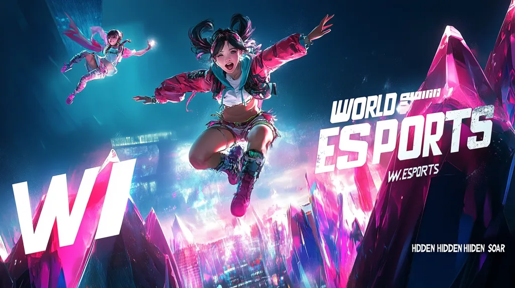 The image features two young women in vibrant clothing jumping through a neon-lit cityscape. One woman wears a pink jacket and white shorts, while the other wears a pink and white outfit. The word "WI" is prominently displayed in the foreground, suggesting a competition or event.  The text "WORLD ESPORTS" is seen in the upper right corner, suggesting a gaming tournament. The image is stylized with a dynamic composition and a futuristic aesthetic.