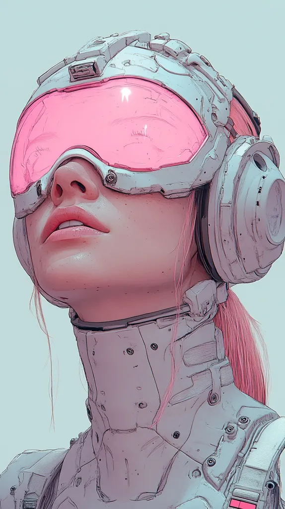 The image depicts a woman wearing a futuristic helmet with pink visor and a detailed, white, textured suit. Her eyes are closed, and she's looking up, perhaps gazing at the sky or a distant horizon. Her pink hair flows behind her, adding a touch of color and femininity to the otherwise stark, mechanical image. The overall tone is ethereal and futuristic, suggesting a world where technology and humanity coexist in a harmonious, yet somewhat enigmatic way.