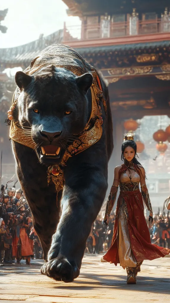 A large black panther adorned with gold jewelry walks towards the camera, its sharp teeth bared. A woman in a red and gold dress walks confidently behind the panther, her gaze fixed ahead. The scene is set in a grand, ornate setting with a background of a bustling crowd and a traditional Chinese architecture.