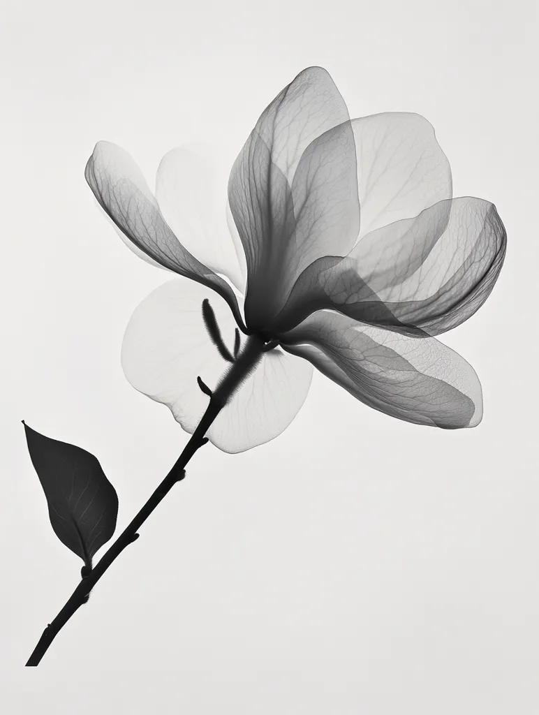 The image shows a single magnolia flower in a black and white x-ray style. The delicate petals are translucent, revealing the intricate veins within. The flower is partially open, with one petal fully extended. The stem and leaves are solid black against the white background. The image creates a stark contrast between the delicate flower and the strong stem, emphasizing the fragility of nature.