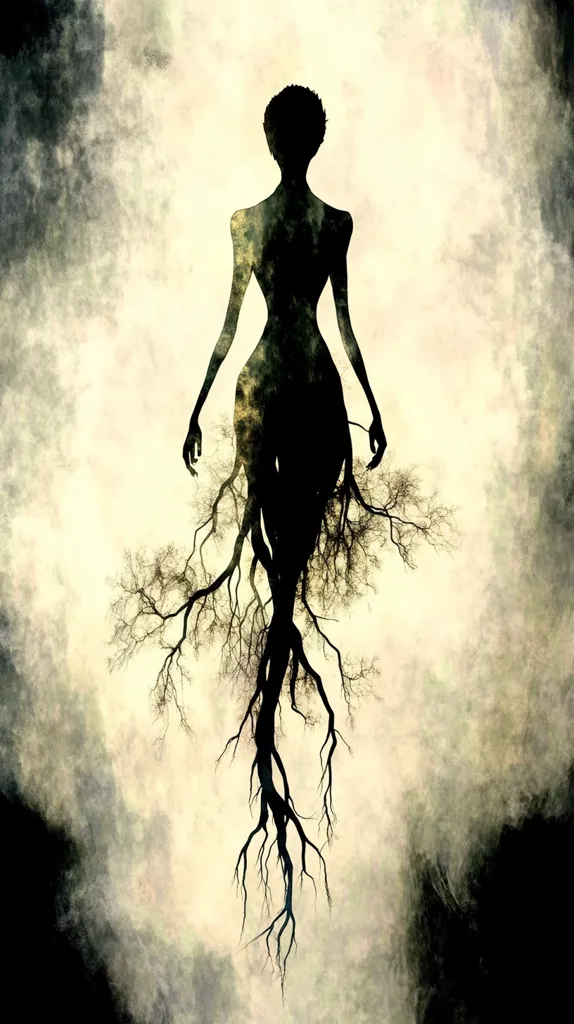 A silhouette of a woman with a short haircut, wearing a long dress, stands against a background of swirling, cloudy beige and black. Her body is intertwined with the roots of a tree, creating a sense of connection between the human form and nature. The image is rendered in a slightly surreal style, with a soft, dreamlike quality.