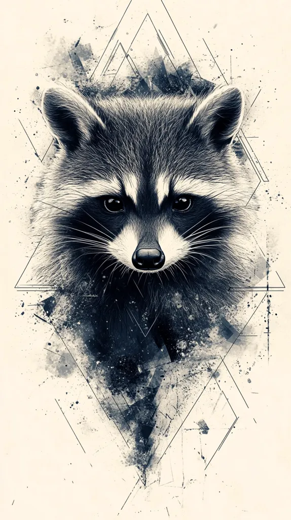 The image depicts a raccoon's face, rendered in a black and white, abstract style. The raccoon's fur is detailed with fine lines and a black and grey wash, creating a realistic effect. Its piercing eyes and sharp nose are emphasized. The background features a geometric pattern of overlapping triangles and lines, suggesting a sense of mystery and intrigue. The composition creates a dramatic and visually striking portrait of the raccoon, highlighting its intelligence and wildness.