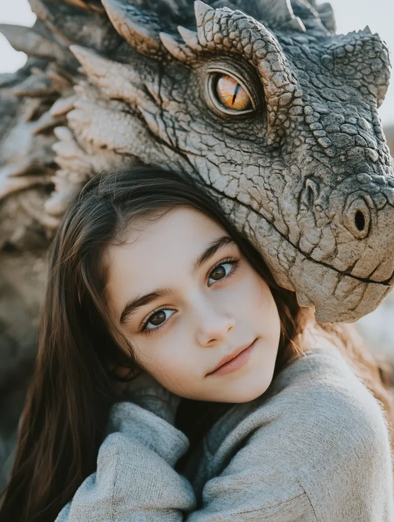 A young girl with long brown hair is hugging a large, gray, scaly dragon. The dragon's eye is open and staring at the camera. The girl's face is soft and innocent, while the dragon's face is fierce and powerful. The girl's clothing is a soft, light gray. The image is full of contrast and creates a sense of wonder and awe.