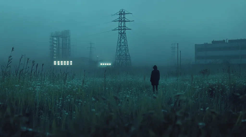 A lone figure stands in a field shrouded in fog, silhouetted against the backdrop of a towering power line and a distant building. The scene is bathed in a cool, blue light, creating a sense of mystery and isolation. The starkness of the landscape and the lone figure suggest a sense of desolation or contemplation.