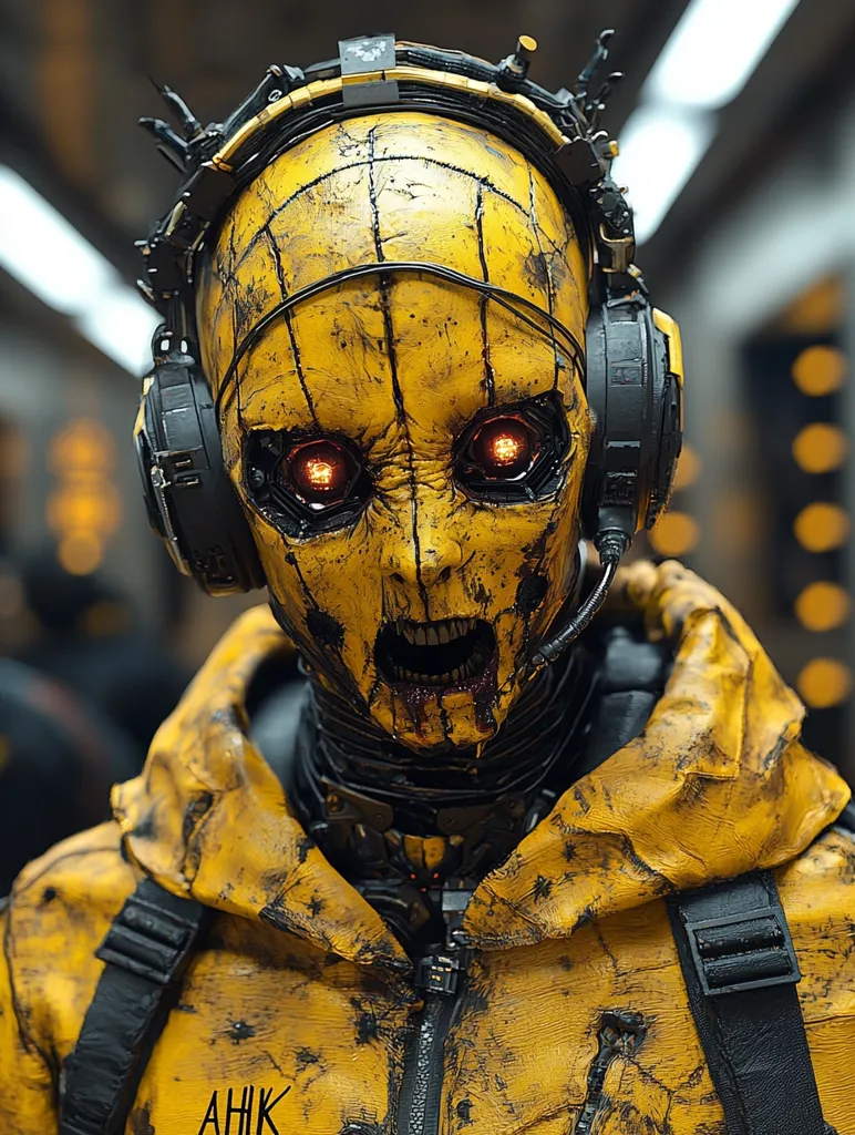 A robotic figure with a yellow, weathered, and cracked exterior, wears a black headset. Its orange eyes glow intensely, and its mouth is open in a silent scream. The robot is wearing a yellow, heavily-worn jacket with black straps and the letters "AHK" printed on the front.  The figure appears to be in a state of distress.