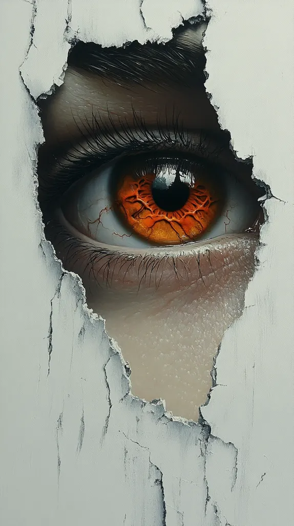 A close-up, almost surreal image of an eye peering out of a broken white wall. The eye has a deep brown iris and a dark, almost black pupil. The wall is cracked and peeling, giving the image a sense of unease and mystery.  The  texture of the wall and eye  create an interesting contrast. The image is very realistic.
