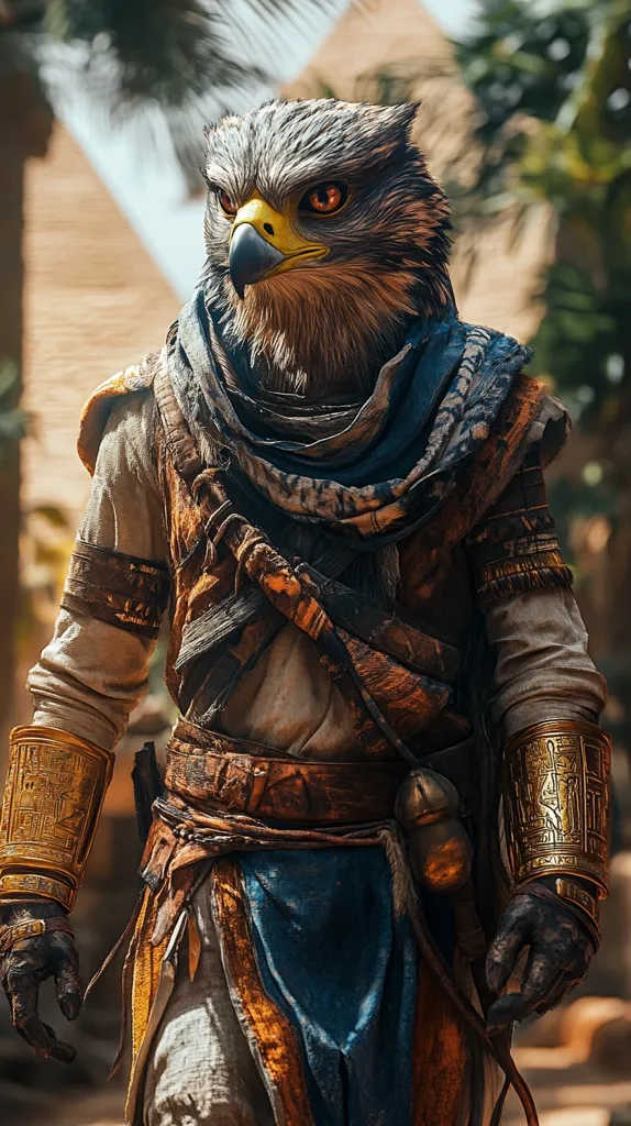 A person with the head of an eagle is dressed in ancient Egyptian garb. The eagle's beak is pointed and its eyes are intense. The individual is wearing a brown leather jerkin with a blue sash, golden wrist cuffs, and a large brown leather belt. There is a small pouch hanging off the belt. The figure is standing in front of a stone wall and foliage. The lighting is warm and the image has a cinematic quality.