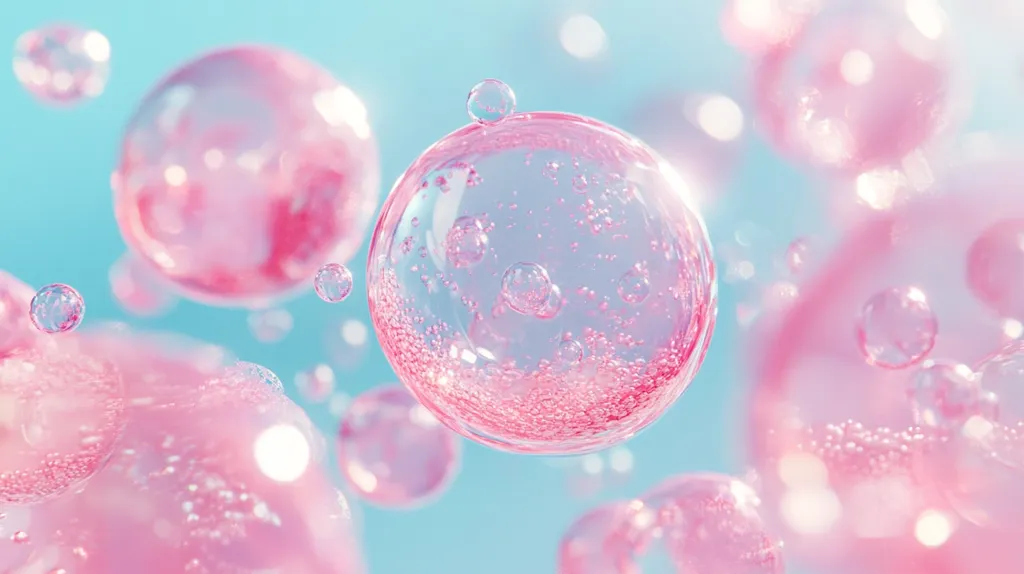 The image shows a cluster of pink and white bubbles floating against a soft blue background. The bubbles are translucent and shimmer, with smaller bubbles trapped inside. The overall effect is dreamy and ethereal, evoking a sense of lightness and tranquility.
