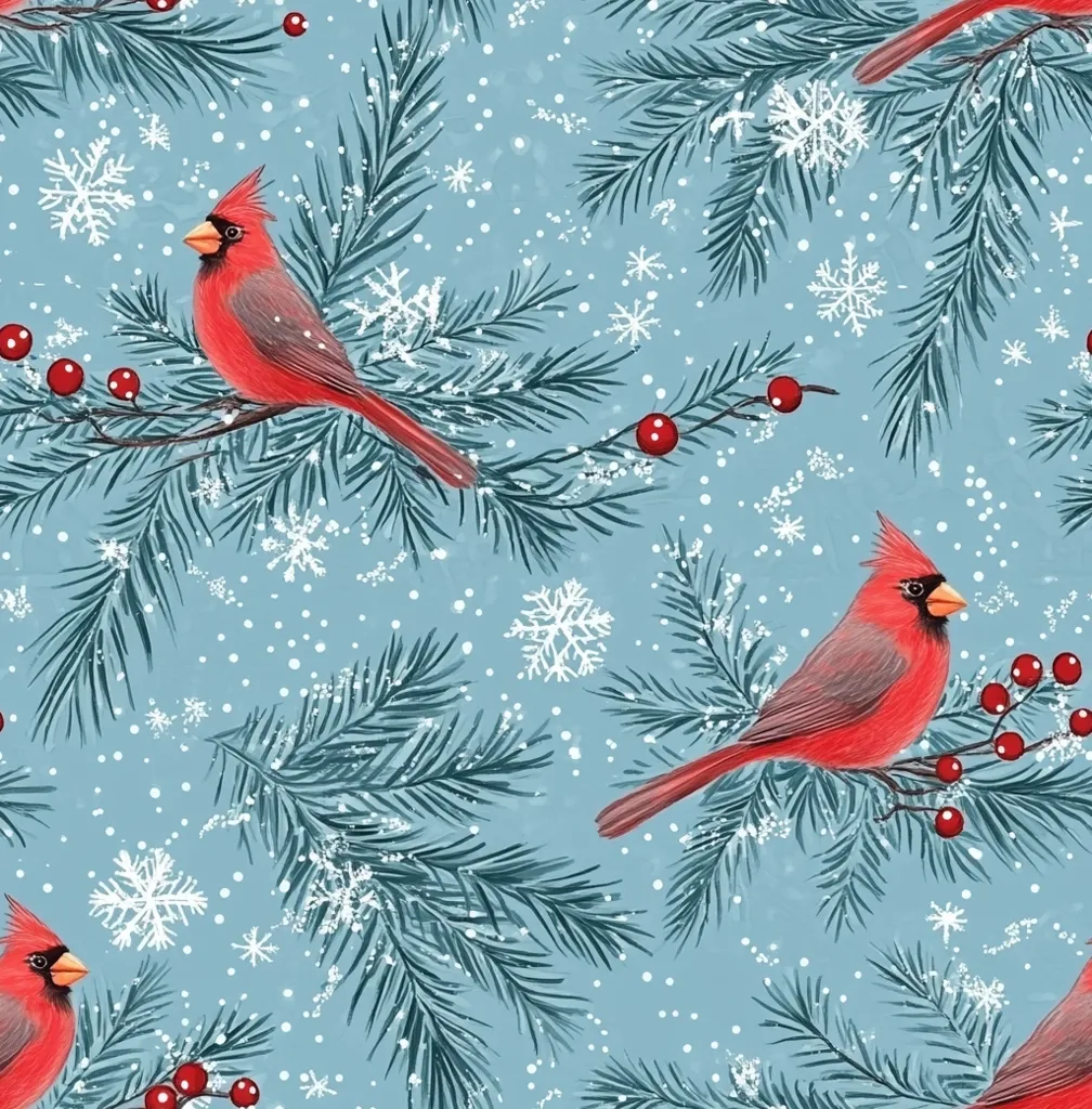 The image depicts a wintery scene with two red cardinals perched on snow-covered pine branches. The background is a light blue sky with falling snowflakes and scattered red berries. The cardinals are facing opposite directions, their bright plumage contrasting with the white snow and green branches. The overall impression is one of peace and tranquility, capturing the beauty of the winter season.