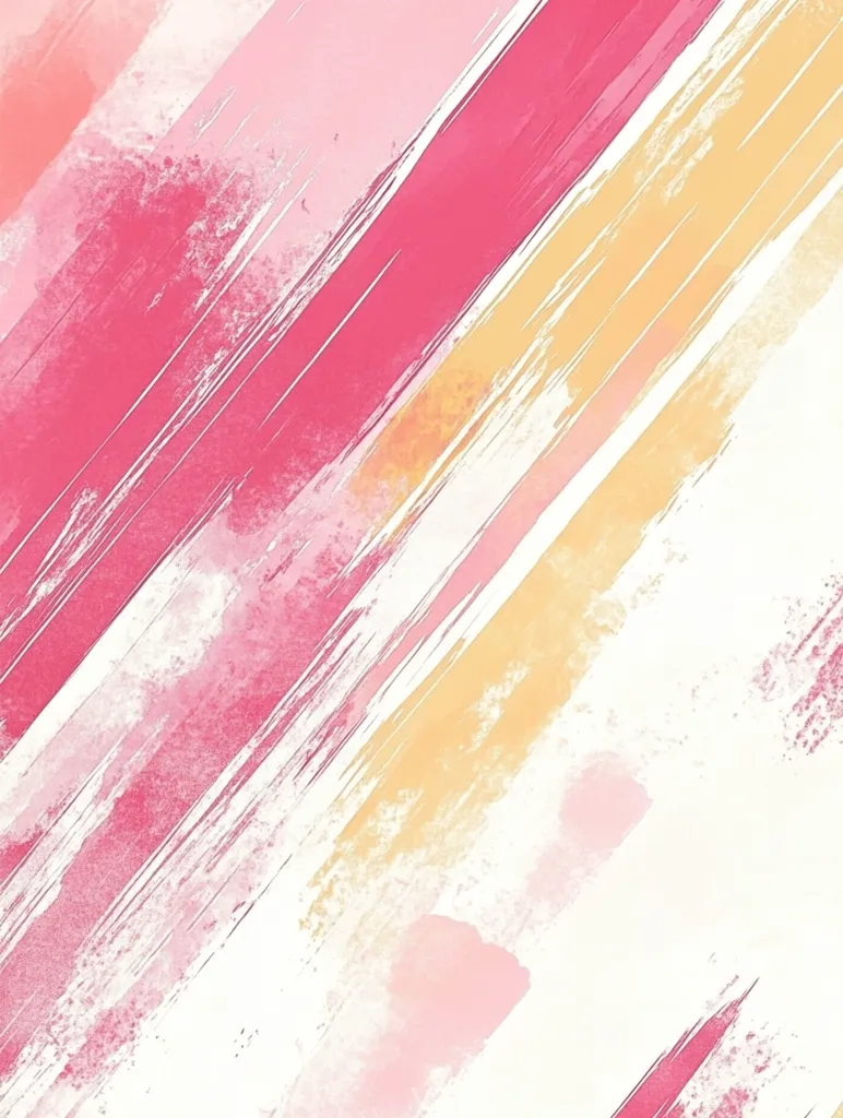 The image is a vibrant abstract painting with a white background. It features diagonal brushstrokes in pink, red, and yellow, creating a dynamic and energetic feel. The brushstrokes are layered and overlapping, adding depth and texture to the composition. There are also scattered areas of soft pastel pink and yellow, adding a subtle touch of color to the white space. Overall, the image is playful and full of energy, evoking a sense of movement and joy.