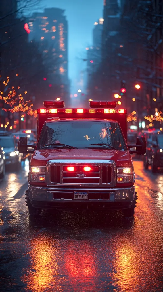 A red ambulance with flashing lights drives through a city street at night. The road is wet from rain, and the reflections of the lights create a dazzling display. The background is blurred, showing tall buildings and street lights.  The ambulance is the main focus of the image, highlighting its importance and urgency.