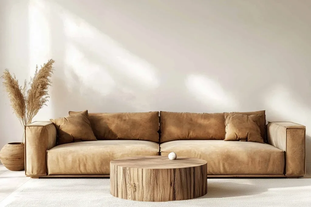 A minimalist living room features a large, brown suede sofa with plush cushions. A thick, wooden coffee table sits in front of the sofa. A vase of dried pampas grass adds a touch of natural texture to the space, and sunlight streams through a window, casting warm shadows on the walls. The room is decorated in neutral tones, creating a serene and inviting atmosphere.