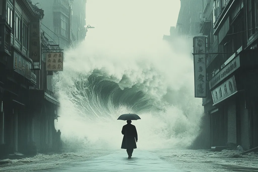 A large wave crashes through a city street, engulfing the buildings and streets. A lone figure, silhouetted against the wave, walks towards the camera, holding an umbrella. The scene is atmospheric and dramatic, suggesting a powerful natural disaster. The wave, a powerful force of nature, dominates the composition. The lone figure, a small and vulnerable presence, suggests a sense of helplessness and resilience. The scene evokes a sense of awe and fear, highlighting the destructive power of nature and the fragility of human life.